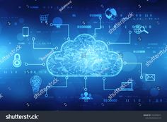 a cloud with icons and symbols on it in the dark blue background, 3d rendering