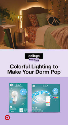 a bed room with two lights on the wall and an advertisement above it that says, colorful lighting to make your dorm pop