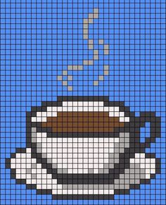 a cross stitch pattern with a coffee cup and saucer in the middle on a blue background