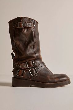 Brown Rugged Moto Boots With Buckle Closure, Rugged Boots With Buckle Closure For Fall, Rugged Fall Boots With Buckle Closure, Rugged Leather Moto Boots With Rivets, Brown Leather Punk Boots, Punk Brown Leather Boots, Rugged Distressed Brown Moto Boots For Fall, Rugged Leather Moto Boots For Fall, Rugged Moto Boots With Rivets For Fall