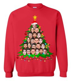 a christmas tree with people's faces on it in front of a red sweatshirt