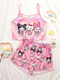 Pink Cute Collar   Animal,Cartoon,Geometric Short Sets Embellished Slight Stretch  Teen Girls Clothing Cute Sleepwear, Cute Pajama Sets, Rose Bonbon, Cute Pajamas, Animal Cartoon, Girls Pajamas