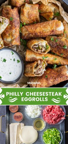 an eggrolls recipe with cheese and meat is shown in the middle, surrounded by other ingredients