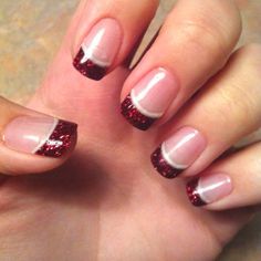 Christmas nails Red Nails With Silver Glitter Tips, Heathers Nails, Christmas Nails Diy, Christmas Tips, Santa Nails, French Manicure Designs, French Nail Art, Christmas Nail Art Designs