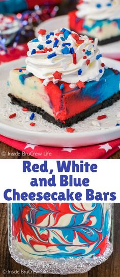 red, white and blue cheesecake bars on a plate