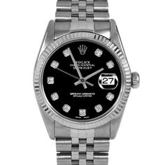 SKU#: 16014-BLK-DIA-AM-FLT-JBLPre-Owned Rolex 16014 Men's 36mm Datejust Watch, Custom Black Diamond Dial & Rolex White Gold Fluted Bezel on Rolex Stainless Steel Jubilee Band Model#: 16014 Case: Rolex 36mm Stainless Steel Case Movement: Rolex Automatic 3035 Caliber Dial: Custom Black Dial with Diamond Hour Markers (Not Made by Rolex) Bezel: Rolex White Gold Fluted Bezel Band: Rolex Stainless Steel Jubilee Band This Beautiful Watch Comes Fully Serviced, Polished, Time-Tested, Air/Water Pressure T Wooden Watch Box, Rolex Watches For Men, Wooden Watch, Pre Owned Rolex, Luxury Watches For Men, Bezel Diamond, Beautiful Watches, Luxury Watches, Stainless Steel Case