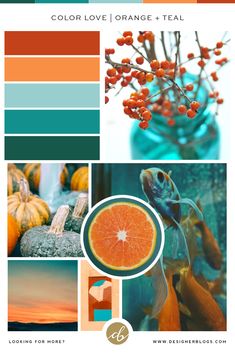 an orange and blue color scheme with the words, colors love / orange - teal