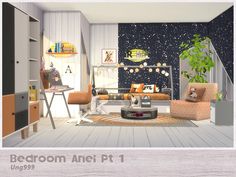 a living room filled with lots of furniture next to a wall covered in stars and planets