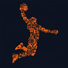 the silhouette of a basketball player is made up of sports related items