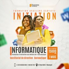 an advertisement for information with two women holding laptops