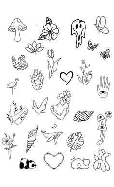 a bunch of different types of flowers and leaves on a white background with black ink