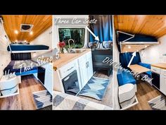 two pictures show the inside of a camper with kitchen and living area in it