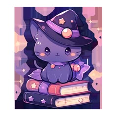 Cute Kawaii Halloween Purple Kitty Happy Witches Cat on Spell Books Sticker Cute Witch Illustration, Kawaii Halloween Art, Kawaii Book, Kawaii Magic, Kawaii Bat, Kawaii Witch, Witches Cat, Witch Drawing, Purple Books