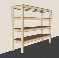 a wooden bunk bed frame with two shelves