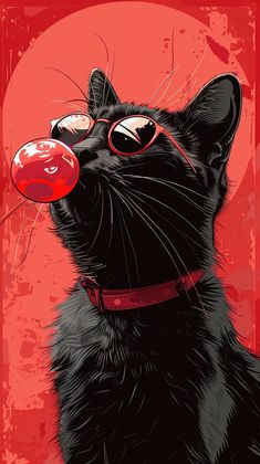 a black cat wearing red sunglasses blowing bubbles on it's nose and looking up at the sky