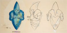 three drawings of different shapes and sizes of surfboards on a white background with blue ink