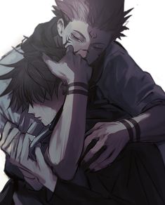 an anime character hugging another character with his eyes closed