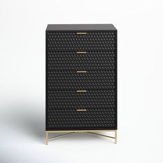 a black and gold chest of drawers with four drawers on one side, the top drawer is