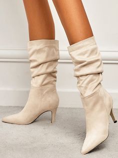 Beige Elegant Collar   Plain Slouchy Boots Embellished   Women Shoes Pu Boots, Slouchy Boots, Stiletto Boots, Low Heel Shoes, Slouched Boots, Boots Women Fashion, Womens Mid Calf Boots, Pointed Toe Heels, Classic Boots