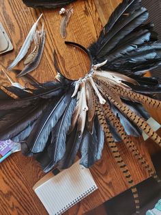 several feathers are laid out on a table