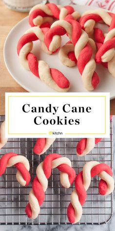 red and white candy cane cookies on a cooling rack with text overlay that reads, candy cane cookies