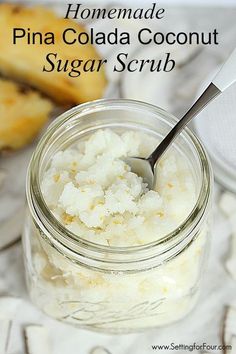 This EASY homemade Pina Colada Coconut Sugar Scrub Recipe smells AMAZING! It will transport you to the tropics with the luscious scent of coconut and pineapple! It's a FABULOUS way to moisturize and get rid of dry flaky skin at the same time - Great gift idea! www.settingforfour.com Coconut Sugar Scrub Recipe, Homemade Pina Colada, Coconut Sugar Scrub, Scrub Corpo, Dry Flaky Skin