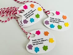 three tags that say thank you for coming home and coming to the birthday party with stars on them