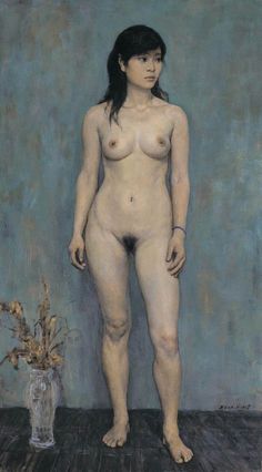 a painting of a naked woman standing in front of a vase with flowers on it