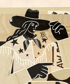 an altered collage of a man wearing a cowboy hat and holding a paper bag