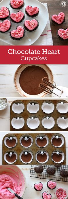 chocolate heart cupcakes with pink frosting in the shape of hearts