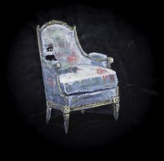 an old chair with a cat sitting on it's back in front of a black background