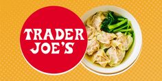 a bowl filled with noodles and broccoli on top of a red circle that says trader joe's