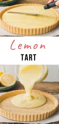 the lemon tart is being drizzled with icing