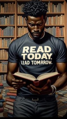 a man reading a book in front of a bookshelf