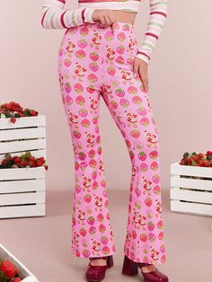 Women's Y2K Pastoral Pink Strawberry Cute Print Flare Leggings Fall Tall Women Clothes Thanksgiving Back To School Pink Casual   Knitted Fabric Floral,Heart,Plants,All Over Print Flare Leg High Stretch  Women Clothing, size features are:Bust: ,Length: ,Sleeve Length: Strawberry Cute, Bodycon Tops, Shapewear Tops, Clothing For Tall Women, Fall Leggings, Pink Strawberry, Rose Bonbon, Fairy Fashion, Stretch Skirt