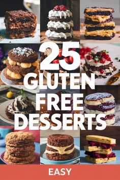 25 gluten-free desserts, including cakes, cookies, and pastries, arranged in a colorful grid with an "easy" label. Gluten Free Dessert Recipes Easy, Gluten Free Recipes Easy Dessert, Easy And Fast Recipes, Desserts Easy Recipes, Summer Party Desserts