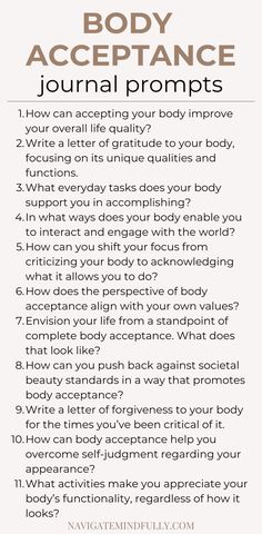 body acceptance Positive Journal Prompts, Positive Journal, Letter Of Gratitude, Mindfulness Journal Prompts, Journal Questions, Journal Challenge, Healing Journaling, Gratitude Journal Prompts, Essay Prompts