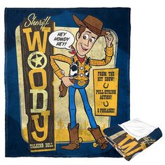 this is an image of a blanket with woody from the movie woody and his cowboy boots