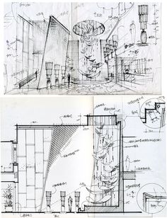 two drawings of different types of architecture