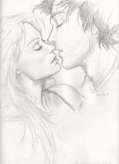 a drawing of two people kissing and one is holding his head to the other's face