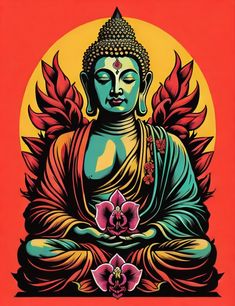 a buddha statue sitting in front of a yellow and red background with flowers on it