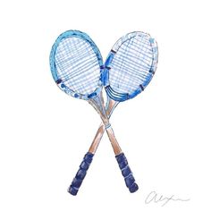 two tennis racquets are on top of each other, one is blue and the other is white