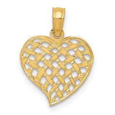 14k Yellow Gold Basket Weave Heart Pendant at $ 57.04 only from Jewelryshopping.com Gold Basket, Engraved Cross, Basket Weave Pattern, Bow Jewelry, Weave Pattern, Braided Leather Bracelet, Rose Jewelry, Gold Polish, Basket Weave