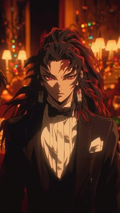 an anime character with long hair wearing a suit and bow tie in a dimly lit room