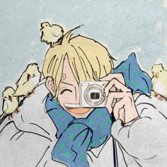 a drawing of a person taking a photo with a camera and birds on the background