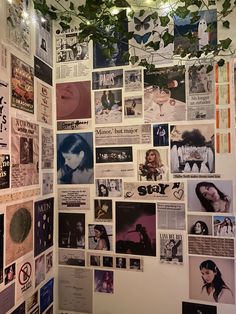 a wall covered with posters and plants hanging from it's sides in a room