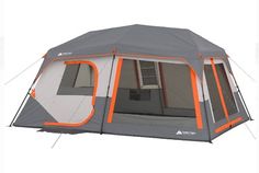 an orange and gray tent is shown with the door open to show it's inside