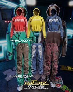 three different colored hoodies and pants on display in front of a neon light background