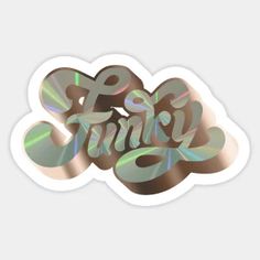 a sticker with the word think on it in gold and silver foil, against a white background