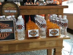 bottles of harley davidson water are on display